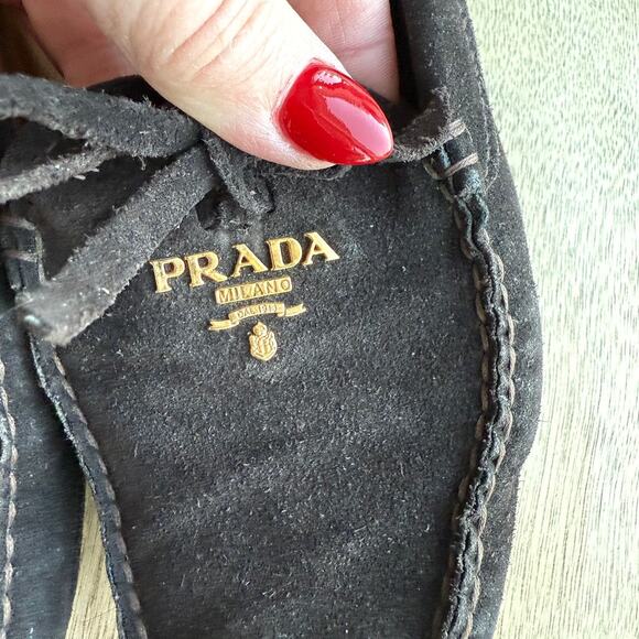PRADA Suede Driving Loafers Brown Bow Logo Driving Shoes Made in Italy 37.5 - Picture 4 of 10